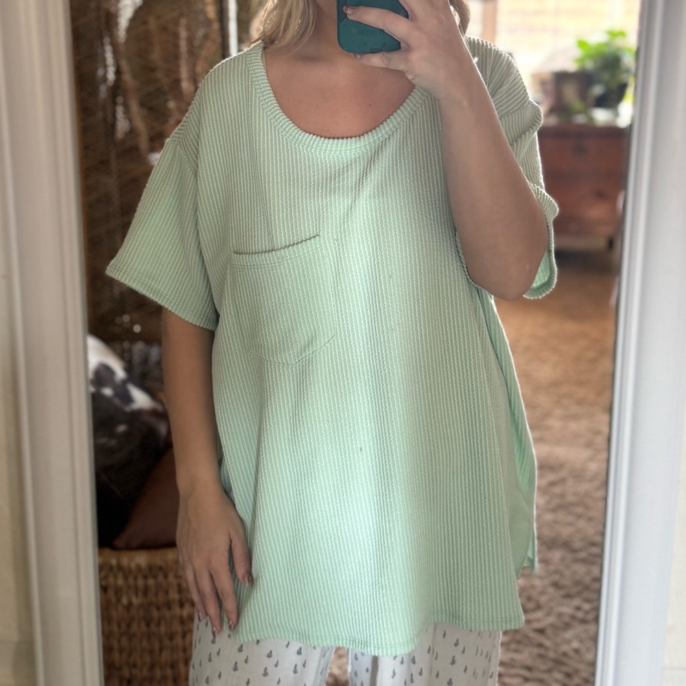 ANDREE BY UNIT Light Green Short Sleeve Ribbed Top - Picture 1 of 6